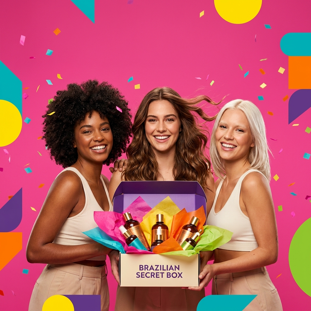 Three diverse women celebrating with a Brazilian Secret Box full of hair care products